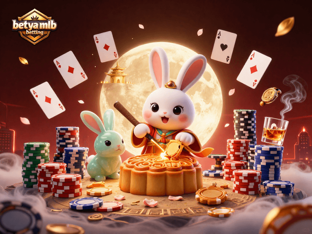 Experience betya mlb betting with vibrant moon rabbits amidst poker chips and casino elements.