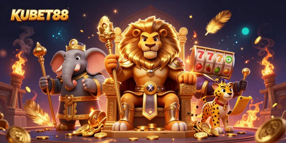 KUBET88 offers thrilling gameplay with a lion king on a gold throne surrounded by dynamic slot elements.