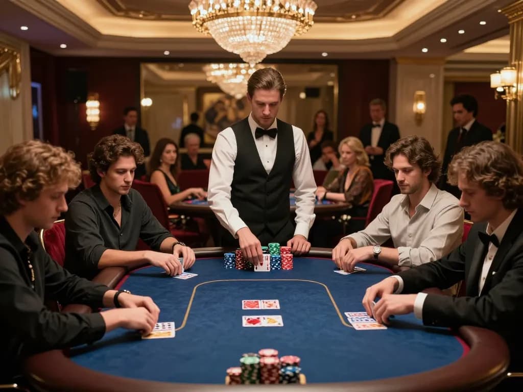 Intense poker game at a luxurious casino showcasing rr88 credit strategies with focused players betting chips.