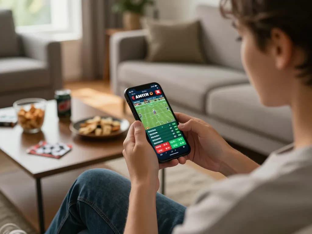 Engaging in live sports betting on smartphone at home with u888 platform, capturing dynamic betting experience.