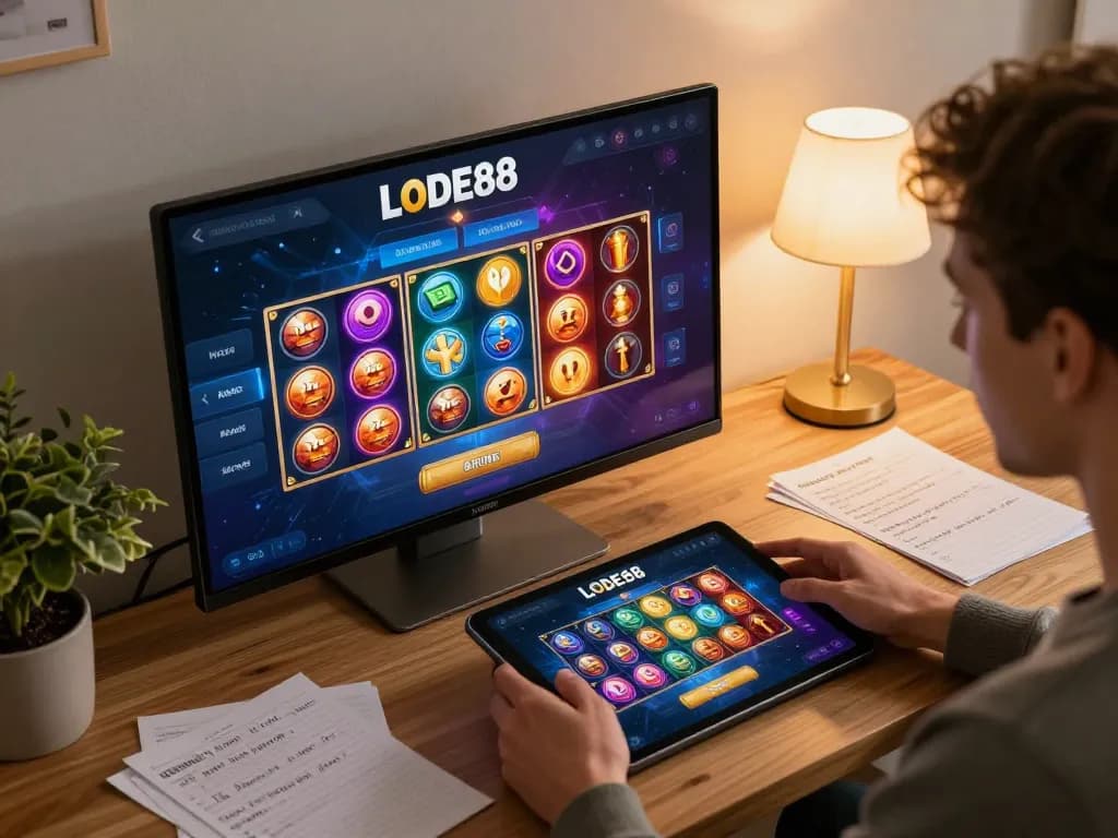 Engaging gameplay on LODE88 app displayed on tablet, highlighting user-friendly experience in online gambling.