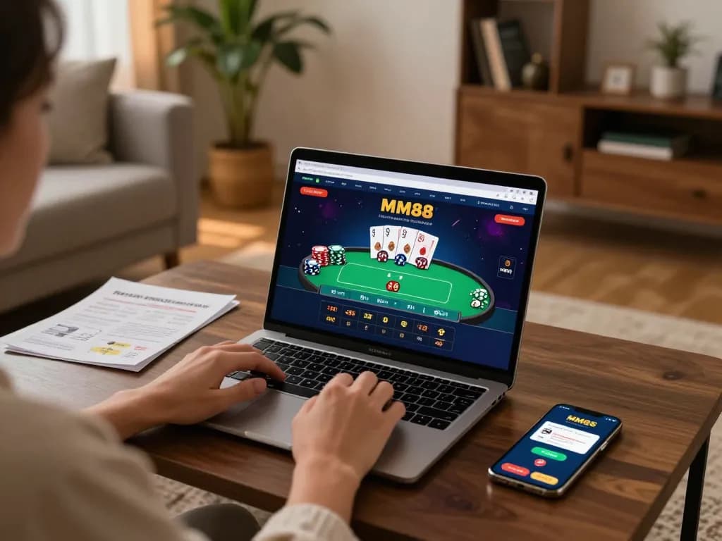 Player engaging with the MM88 online casino interface, showcasing poker gameplay on a laptop.