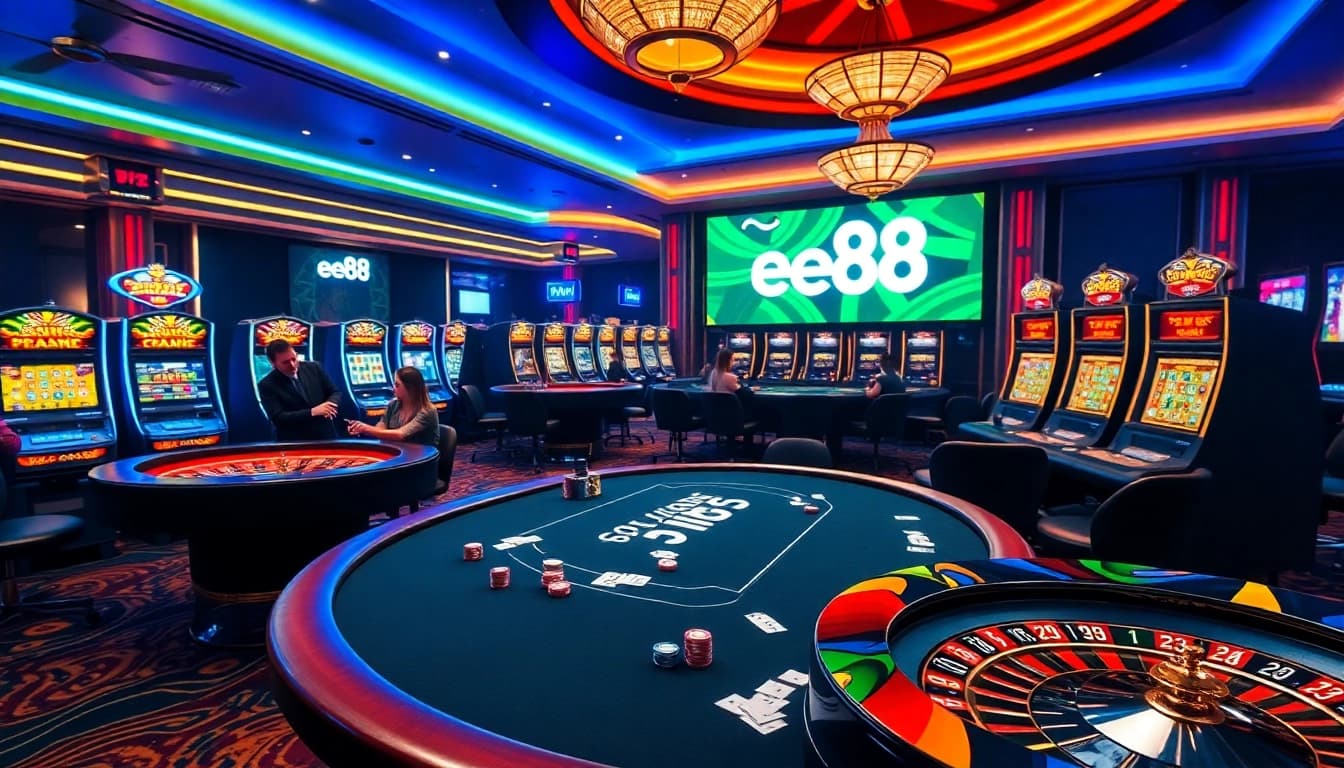 Experience an exciting casino atmosphere with ee88 gambling elements like poker and slot machines.