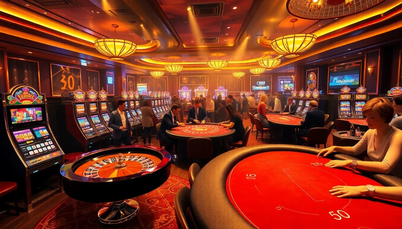 Exciting casino atmosphere at XX88 with vibrant slot machines and poker action.
