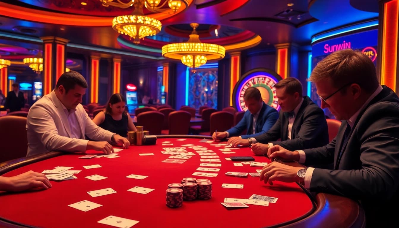Players engaged in a high-stakes poker game at Sunwin Casino, showcasing the excitement and luxury of online gambling.