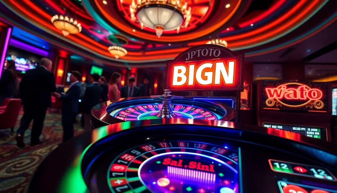 Pemain yang bersemangat di mesin slot JPTOTO merayakan kemenangan besar di kasino mewah.