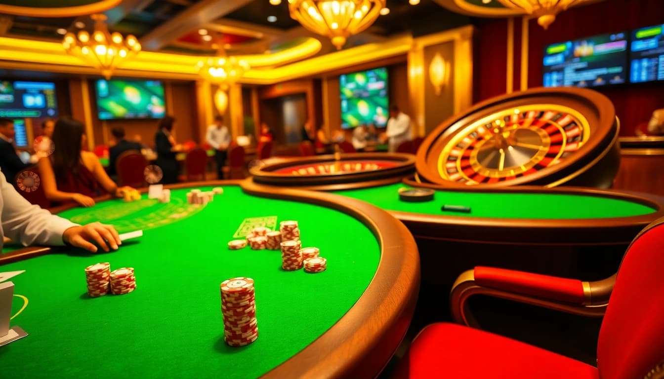 Lazadatoto gaming scene showcasing vibrant poker tables, chips, and roulette for an engaging gambling experience.