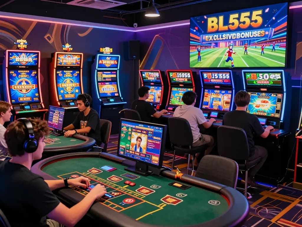 Engaging online gaming atmosphere with players at BL555 casino, showcasing diverse games and vibrant visuals.