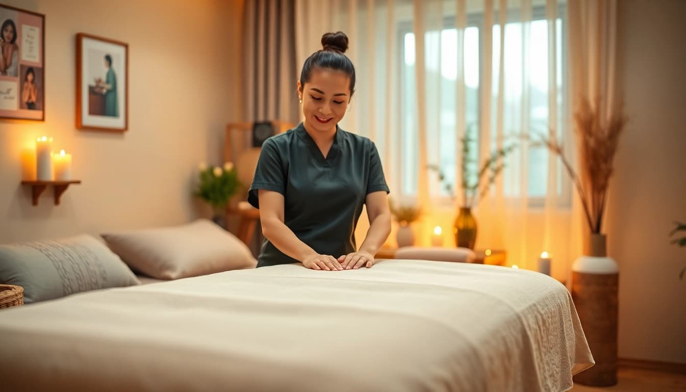Relaxing scene of a 수원출장마사지 with a young Thai therapist preparing for a calming home massage.