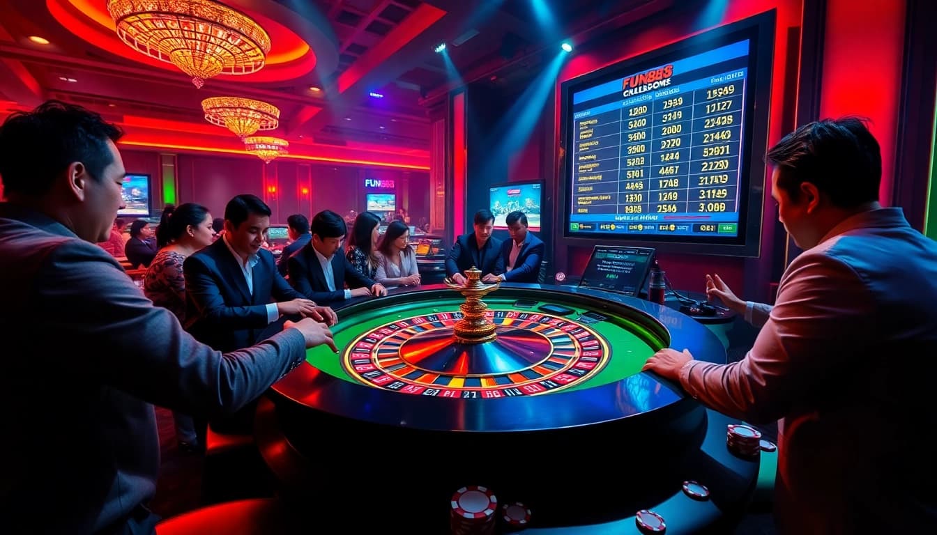 Players enjoying a thrilling roulette game at fun88 casino with vibrant atmosphere.