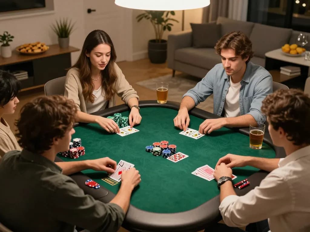 Friends enjoying a thrilling poker game with rikvip action at home under warm lighting.