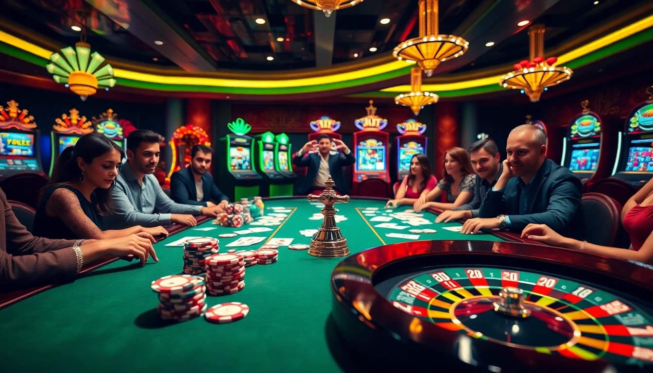Players enjoying a vibrant casino atmosphere at https://f1686s.com/, with colorful poker chips and a roulette wheel.