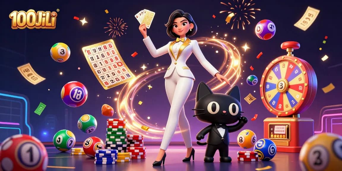 Engage in exciting games at 100JiLi casino while enjoying dynamic visuals of lottery balls and slots.
