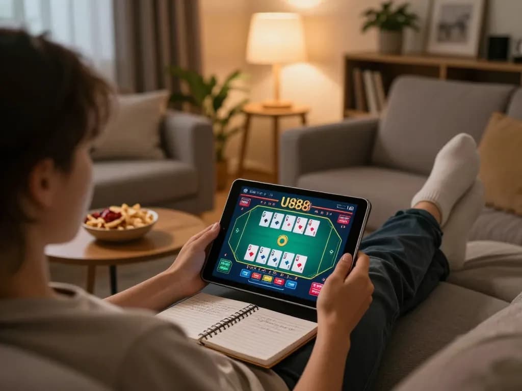 Playing poker on U888 app from the comfort of home, showcasing a cozy gaming environment.