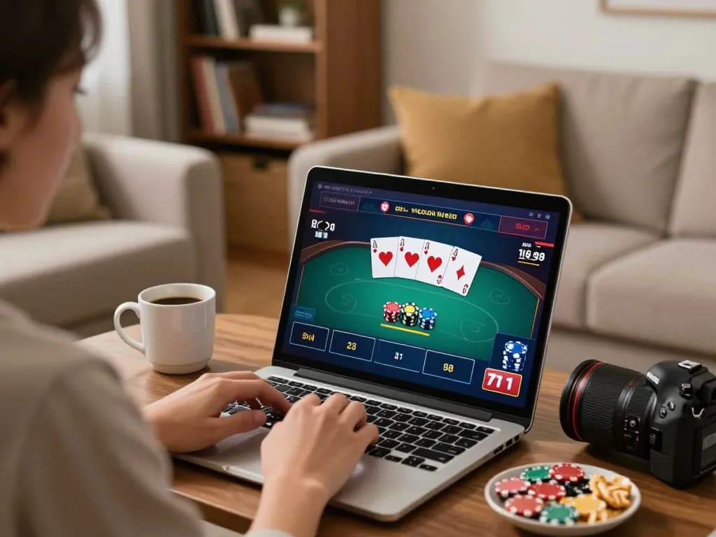 Engaging in strategic online poker gameplay on uu88 with a modern laptop in a cozy living room.