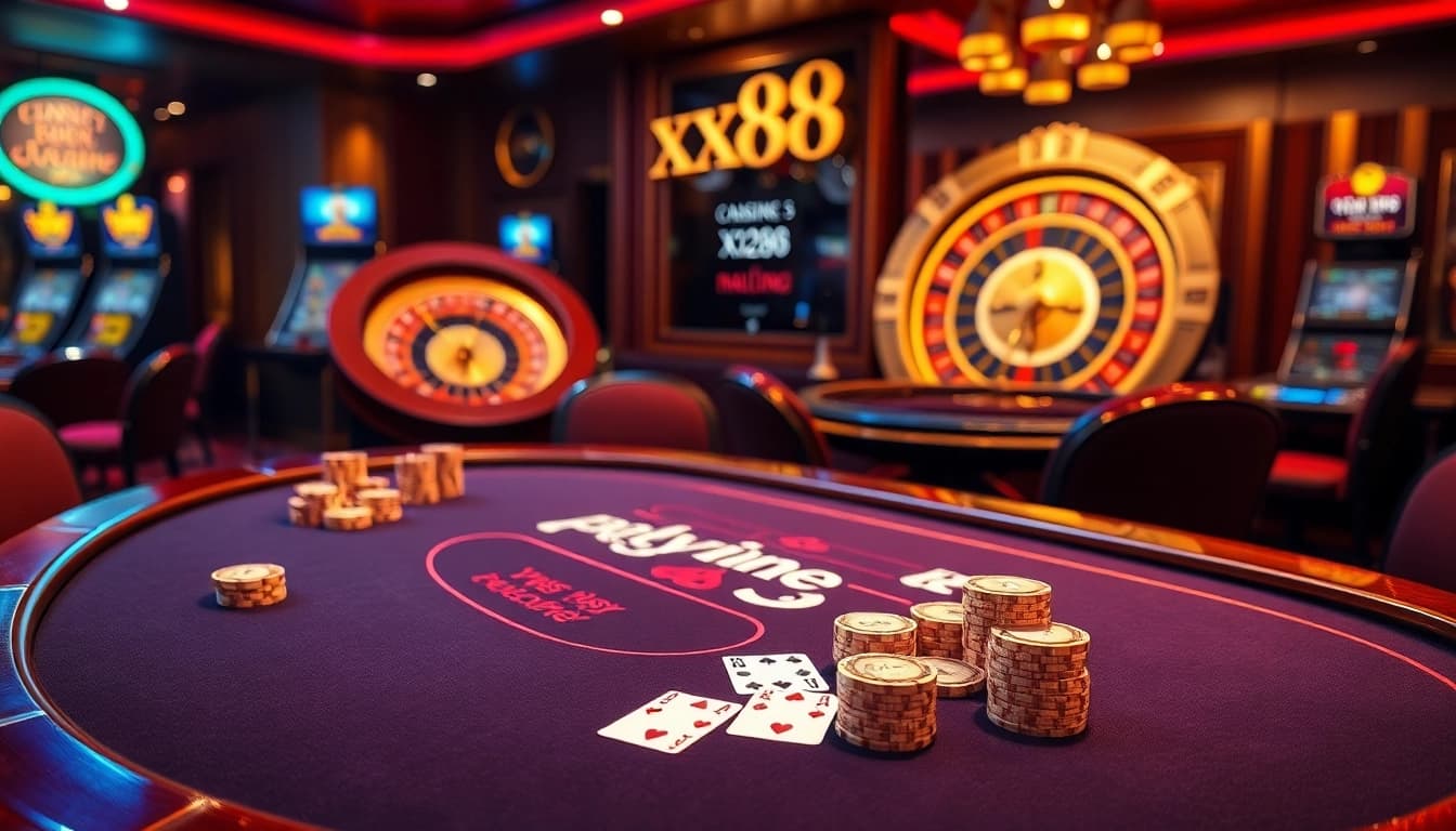 Experience high-stakes action with xx88 at a luxurious blackjack table featuring vibrant chips and cards.