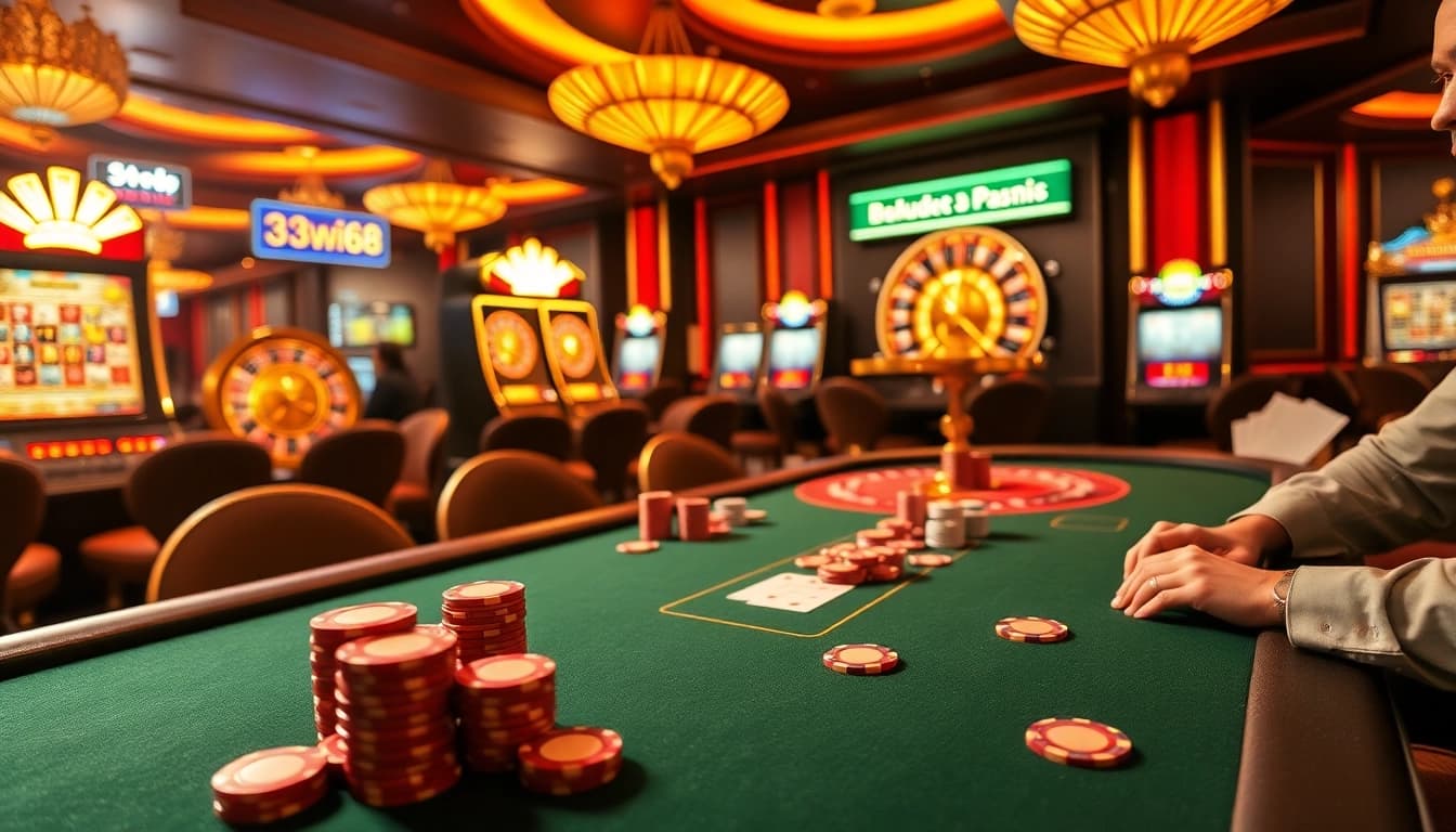 Suasana energik kasino 33win68 dengan chip poker taruhan tinggi dan roda roulette yang berwarna-warni.