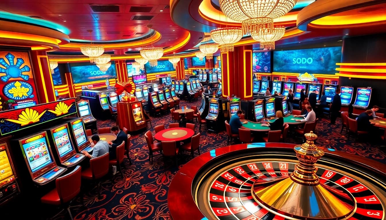 Players enjoying a thrilling game at SODO CASINO with colorful slot machines and poker tables.