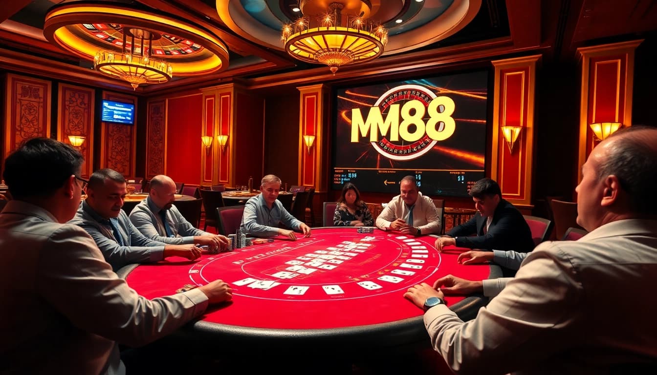 Players enjoying a high-stakes game at MM88 casino, showcasing excitement and luxury in a vibrant setting.