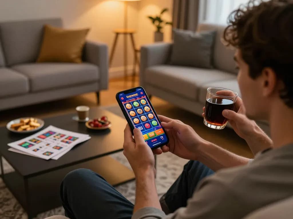 Engaging with the LUCK8 mobile app while enjoying home comfort and strategic gameplay planning.