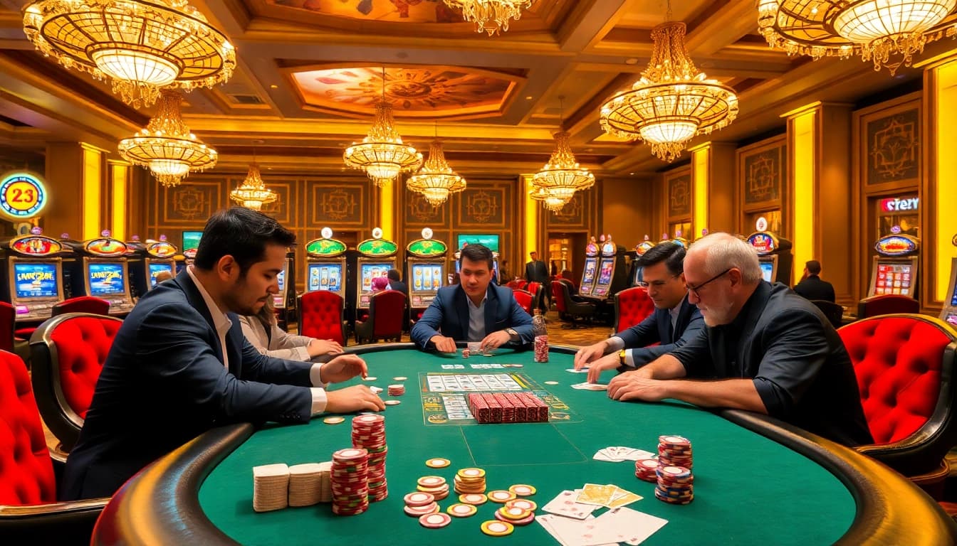 Players enjoying poker at a vibrant 23win casino table surrounded by excitement and luxury.