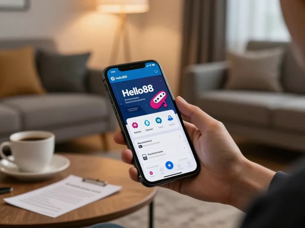 Hello88 app showcased on smartphone screen during a casual betting session in a stylish home setting.