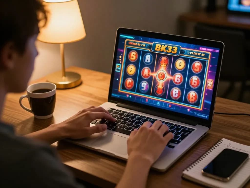 Player engaged in BK33 online casino gaming with vibrant slot reels on laptop screen