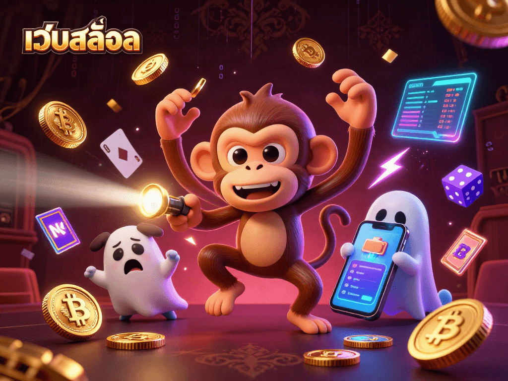 Engage with เว็บสล็อต in this dynamic scene featuring a mischievous monkey and a curious ghost-hunter puppy.
