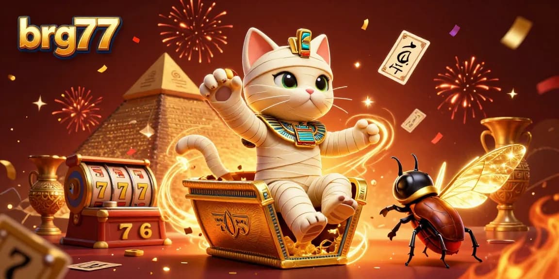 Spin the reels at brg77 while enjoying a vibrant 3D casino illustration featuring a mummy cat!
