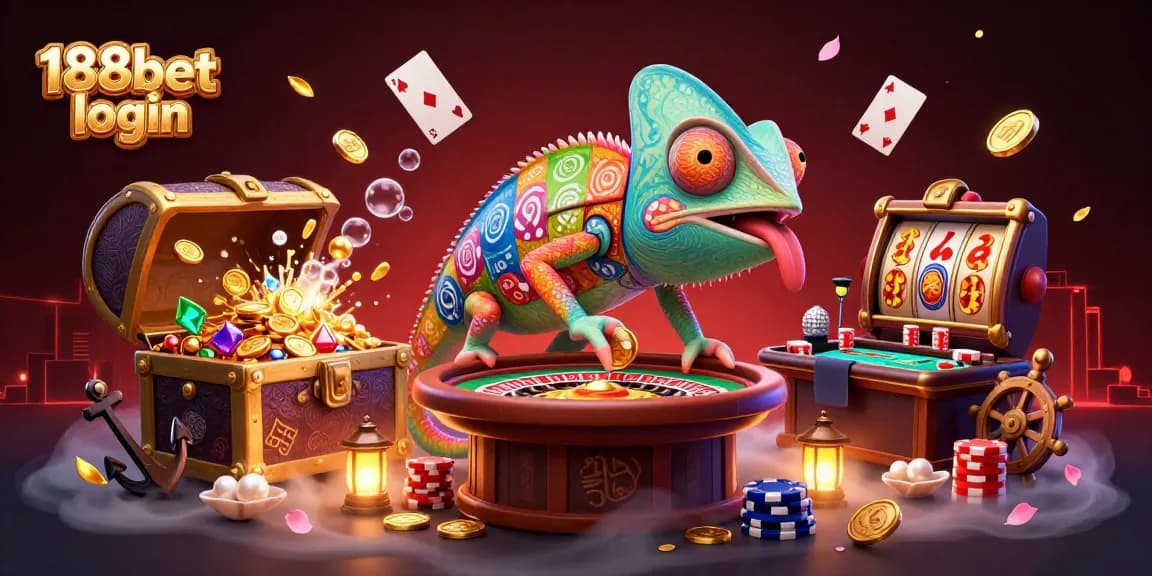 Ilustrasi 188bet login menampilkan chameleon kasino besar yang menarik koin emas sambil mengawasi meja roulette.