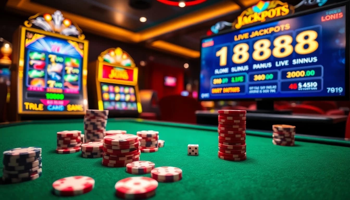 Sebuah momen mendebarkan yang menampilkan aman788 slot gacor dengan mesin slot berwarna-warni dan chip poker di meja kasino.