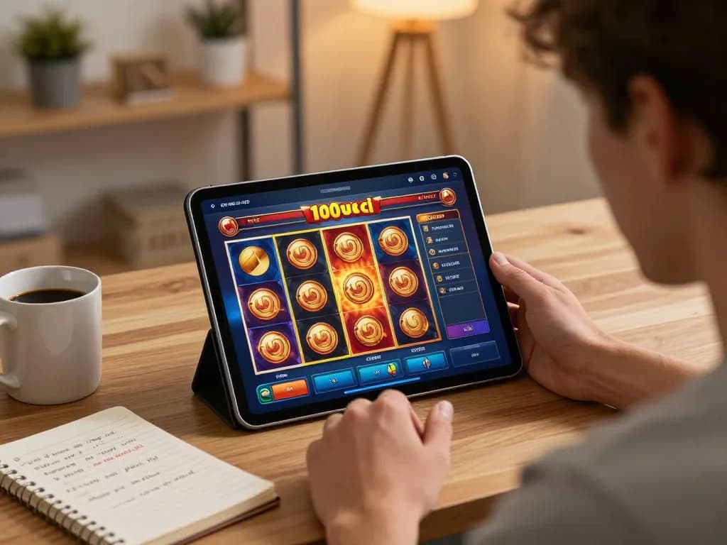 Player enjoying slot games on 100 cuci casino app from home setup with tablet.