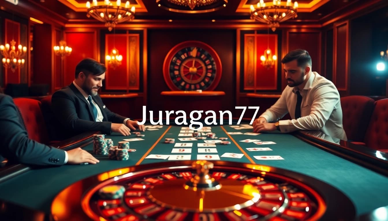 Experience thrilling gameplay at Juragan77's professional casino setup featuring poker and roulette tables.