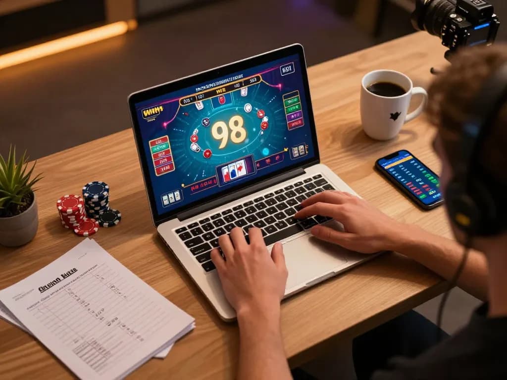 Engaging in strategic gameplay at 98 win's online casino interface with warm lighting and gaming notes.