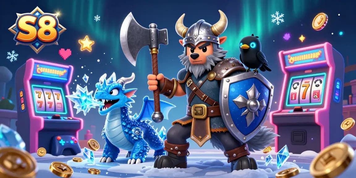 Engage with the S8 casino world, featuring a Viking wolf warrior, fierce dragon, and vibrant gaming elements.