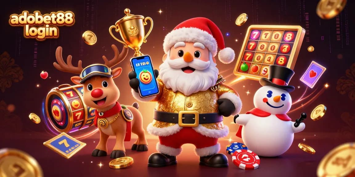 Spin the reels with excitement at Adobet88 login, featuring Santa and friends in a lively slot gaming scene.