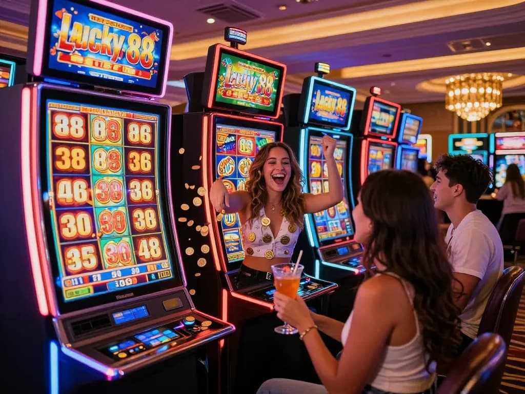 Lucky 88 slot machine players celebrating a big win in a vibrant casino setting.