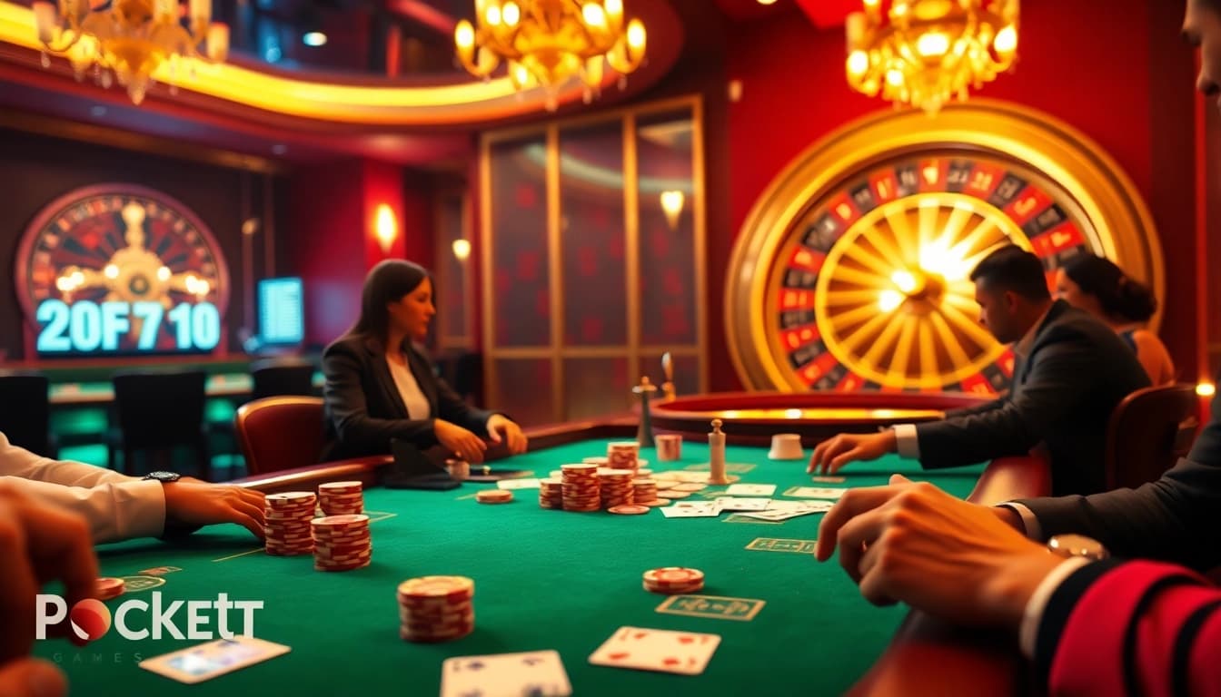 Pocket Game Soft enhances the excitement at the luxurious poker table with vibrant chips and cards.
