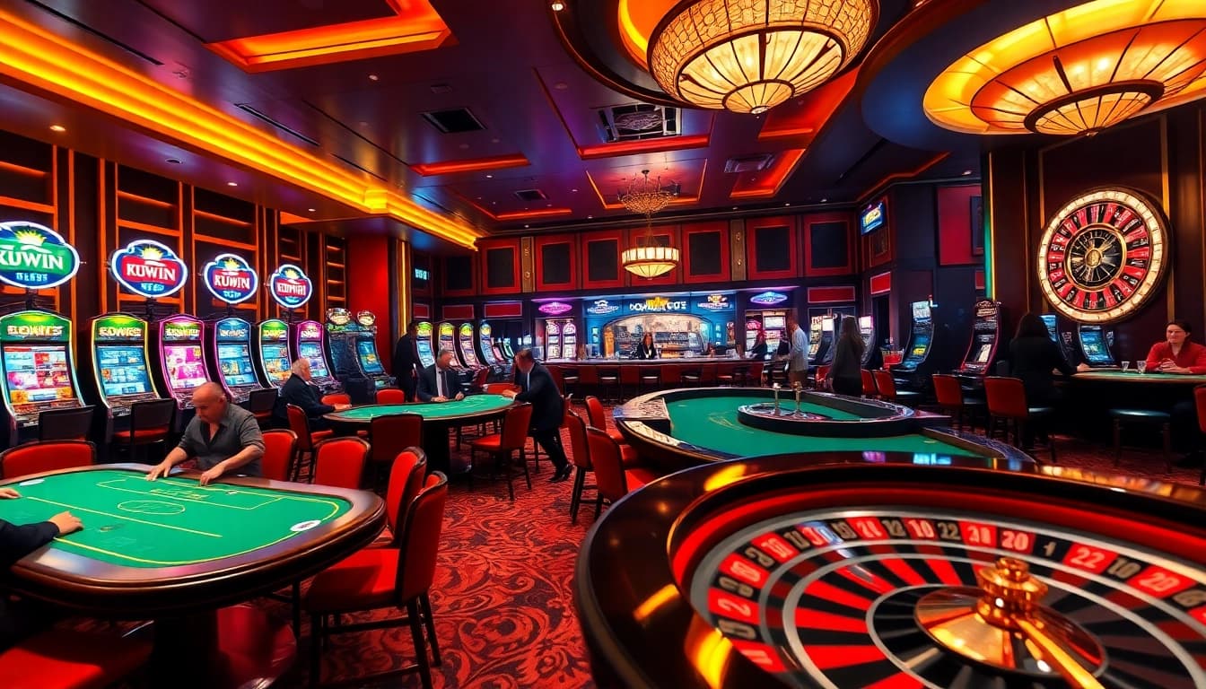 Kuwin features a vibrant casino with poker tables and slot machines, inviting players for an exciting gaming experience.