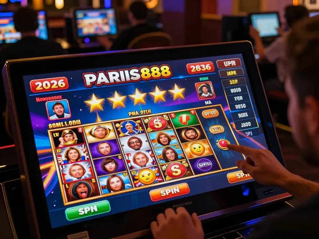 Players enjoying spinning reels on Paris888 online slots, celebrating big wins in a vibrant gaming atmosphere.
