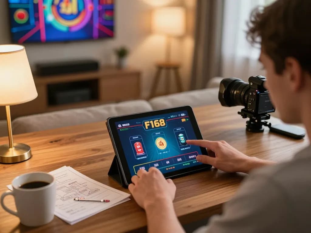 Player enjoying poker on tablet featuring F168, showcasing a cozy home gaming atmosphere