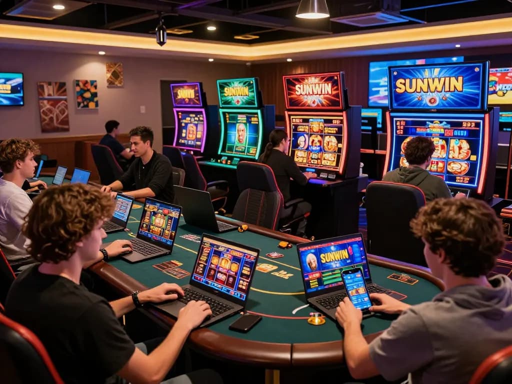 SUNWIN players engaging with online slot machines and poker games on their devices, showcasing vibrant graphics and an inviting atmosphere