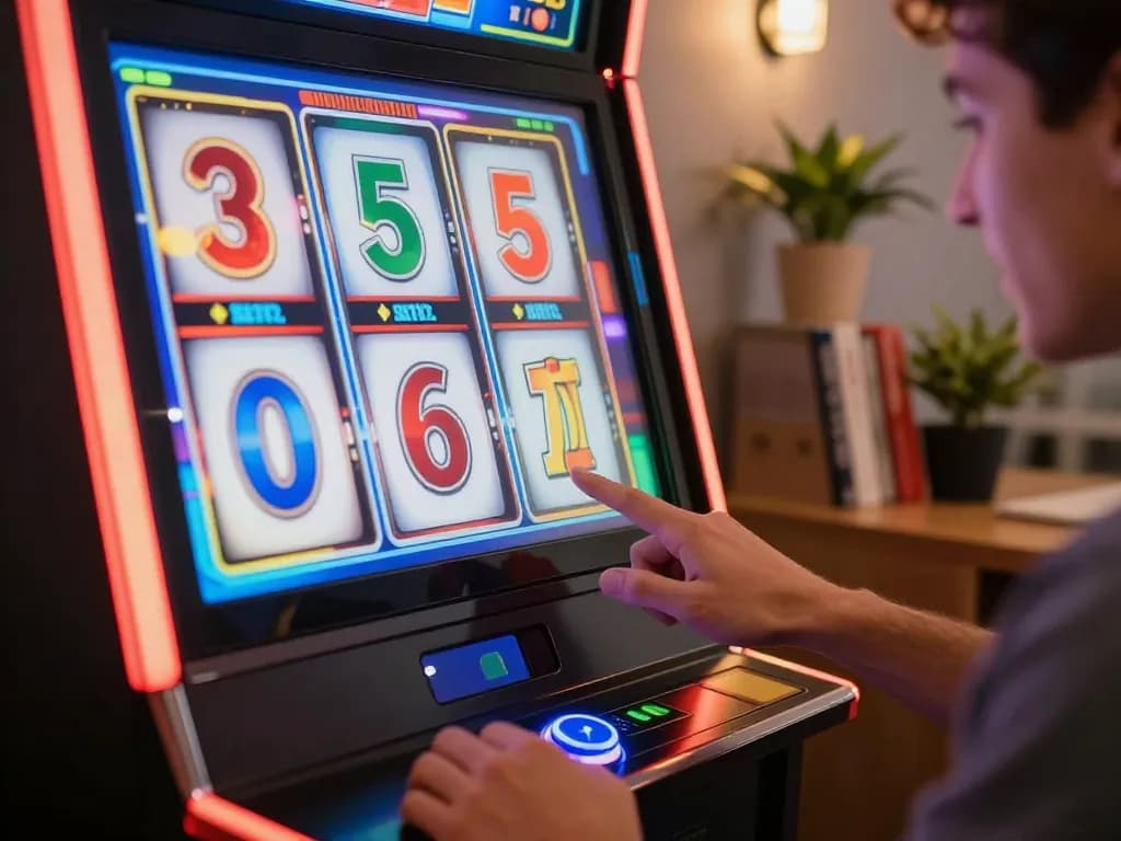 Player engaging with kdslot game on a colorful slot machine interface in a cozy home setting.