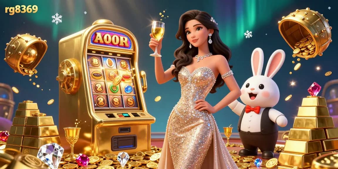 Experience thrilling wins at rg8369 in a vibrant casino scene featuring a glamorous woman with jackpot slot machines.