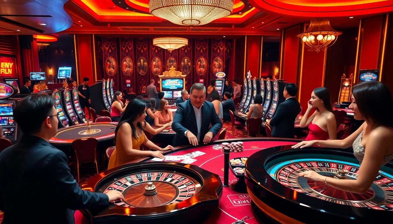 Experience the excitement of OKFUN casino with vibrant poker tables and animated gaming action.