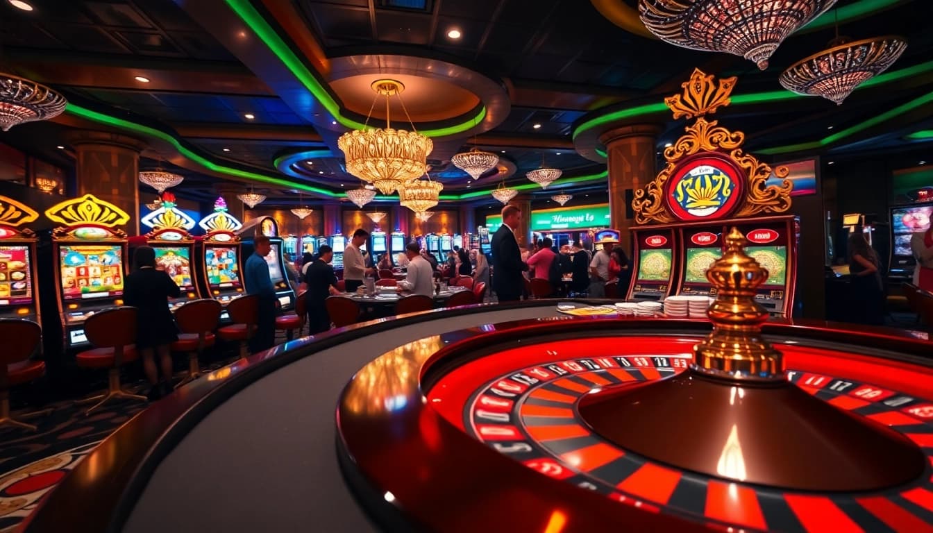 Experience the thrill of raja luck at a vibrant casino, with roulette and slot machines in action.