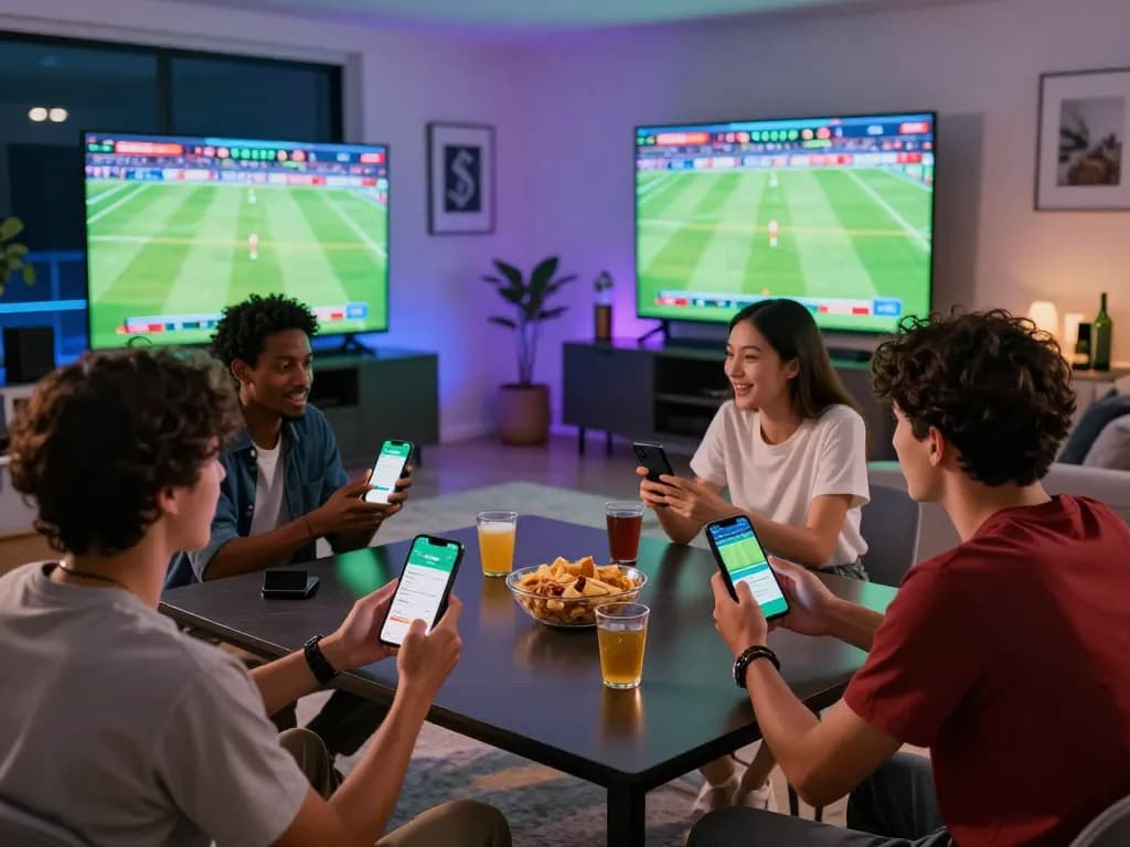 Friends enjoying kèo nhà cái while watching a football match live with smartphones in hand.
