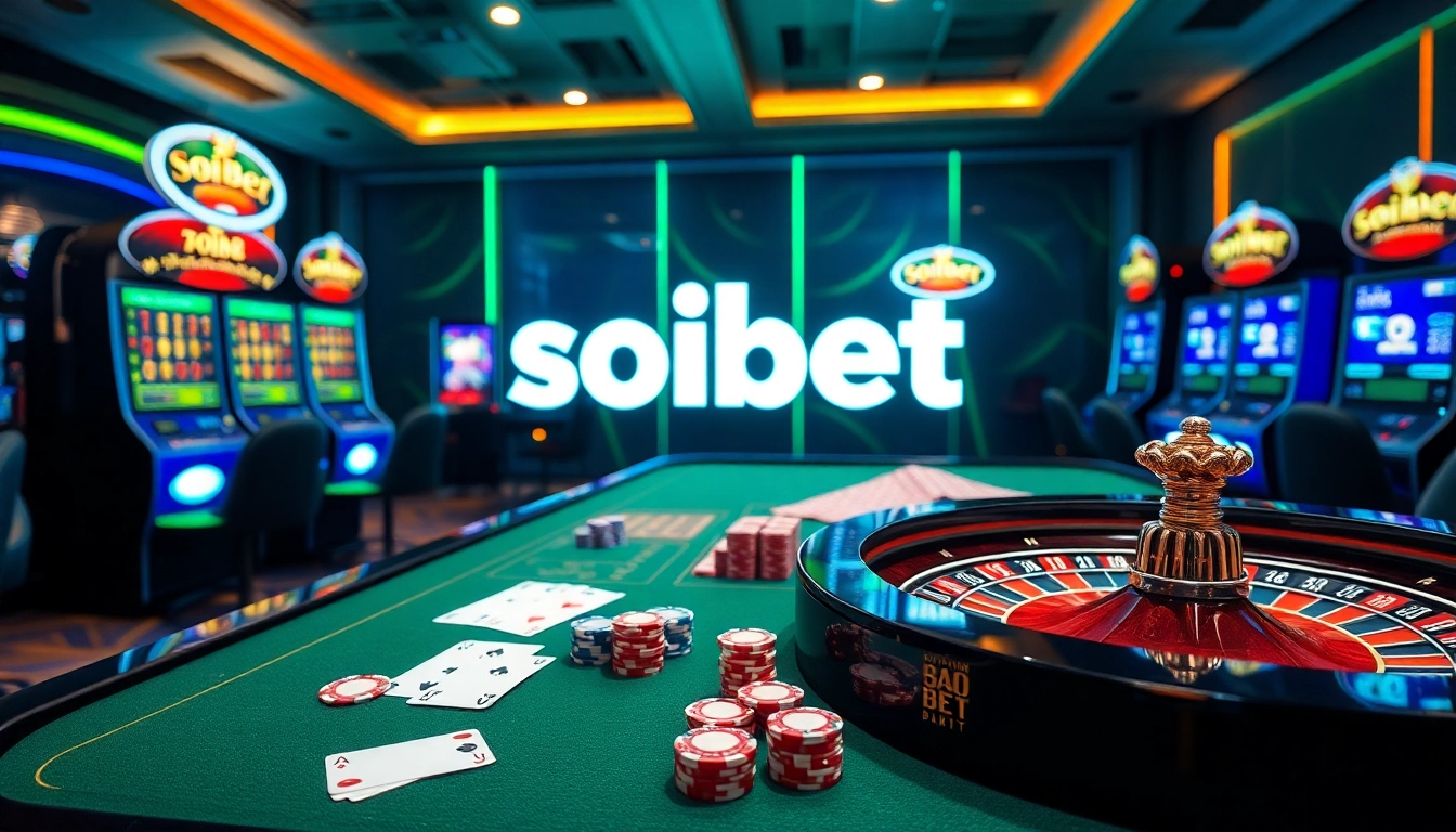 Experience the thrill of เว็บ soibet with exciting casino tables featuring poker cards and roulette wheels.