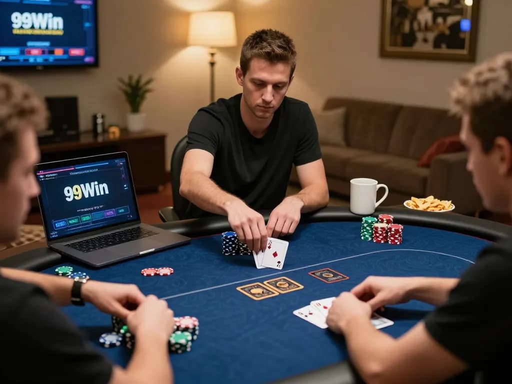 99Win players engaged in strategic poker actions at home, showcasing an online gaming experience.