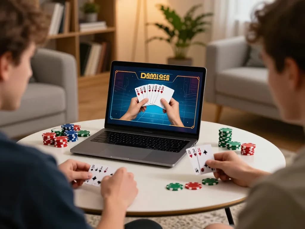 Engaging in domino88 poker gameplay on a laptop in a cozy home setting, colorful chips add excitement